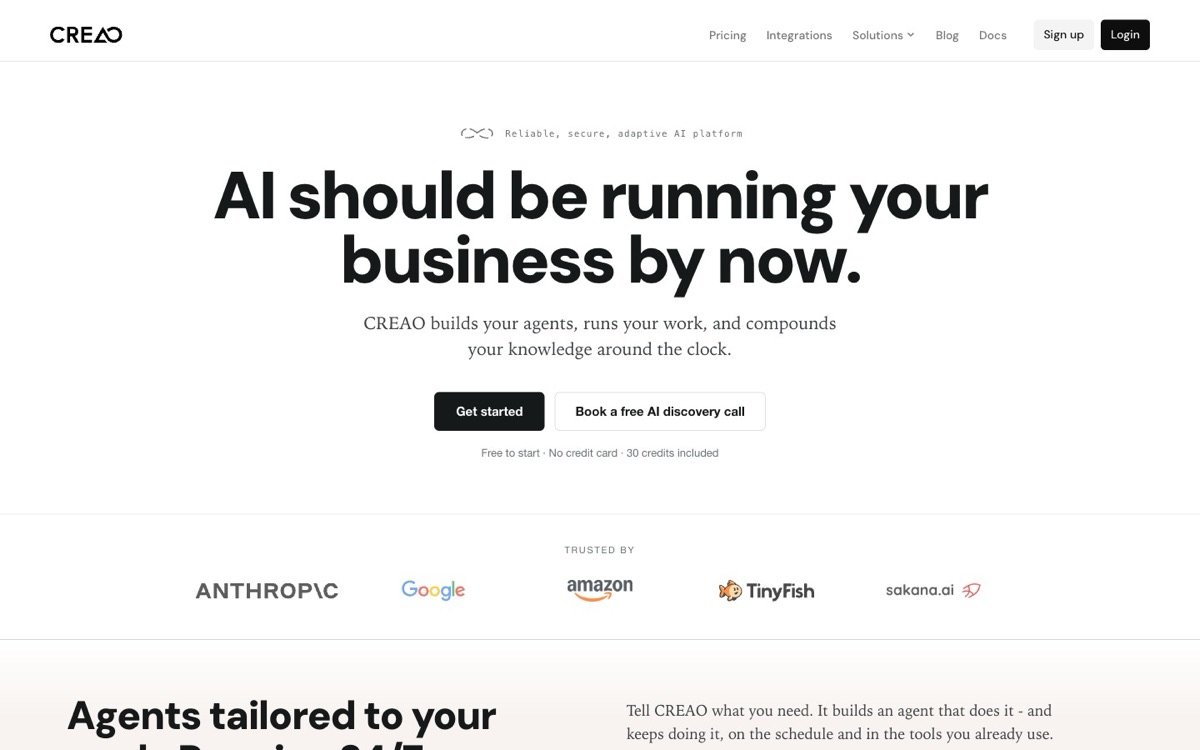 Startseite von Creao AI: „AI should be running your business by now“