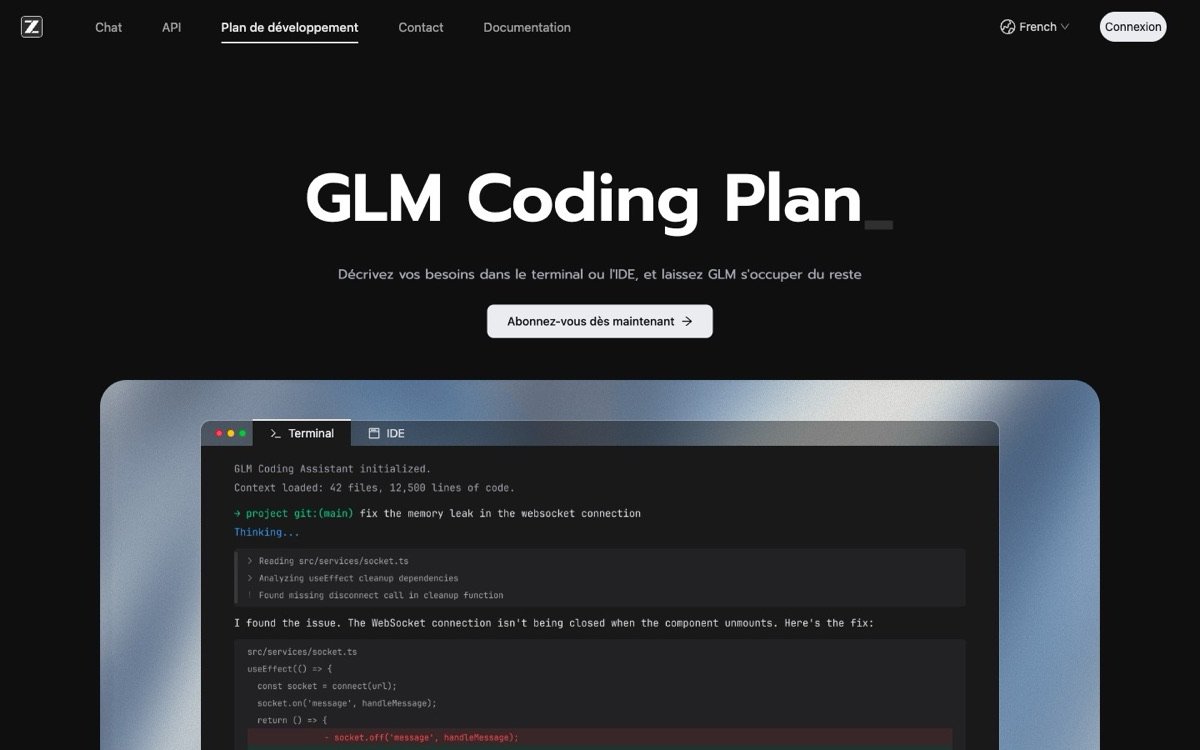 Startseite des GLM Coding Plans auf z.ai: „Beschreiben Sie Ihre Anforderungen im Terminal oder in der IDE und lassen Sie GLM den Rest erledigen“