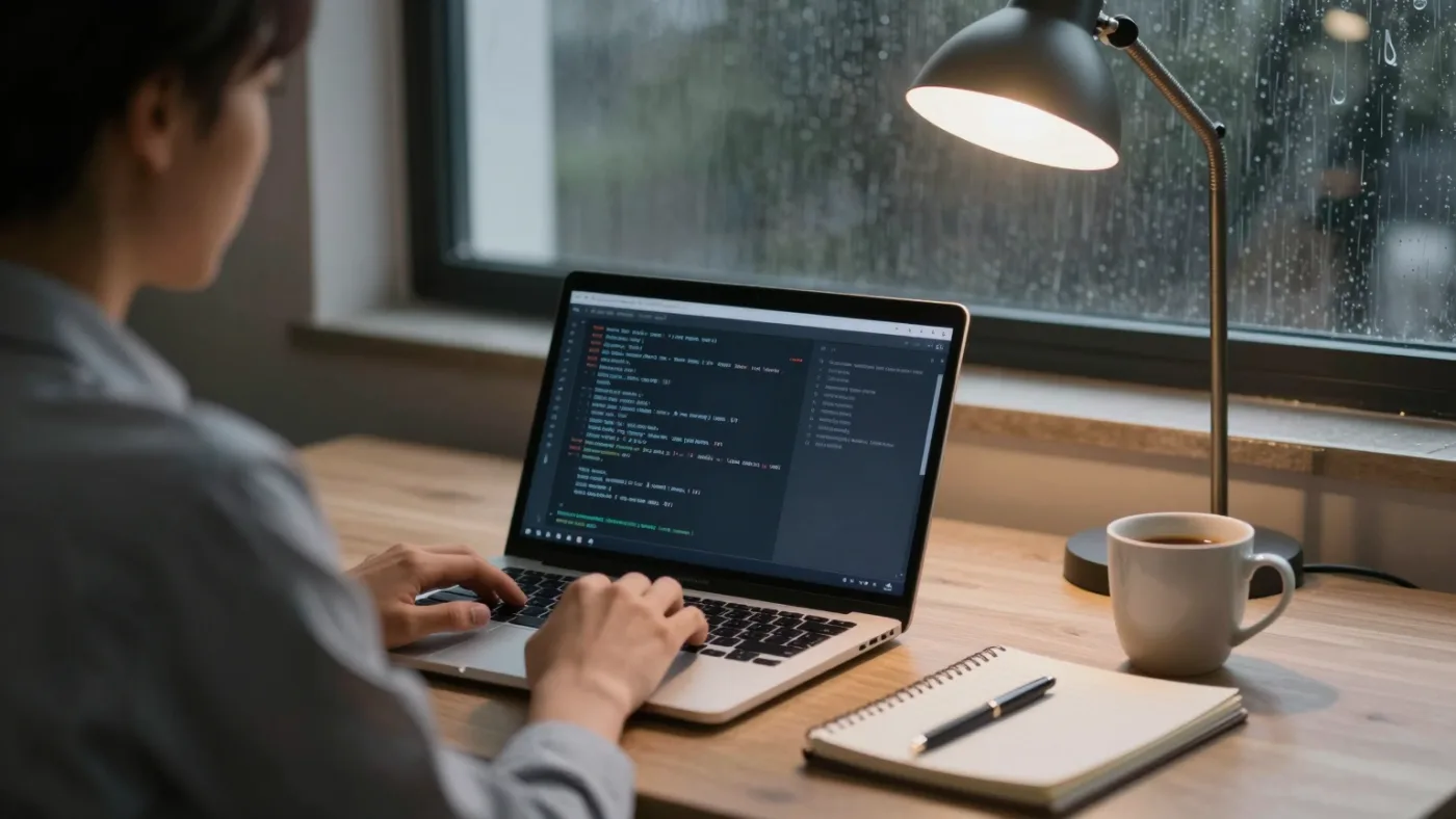 Berater bei nächtlicher Arbeit an einem Laptop mit einem Terminal auf dem Bildschirm, daneben eine Schreibtischlampe und ein Notizbuch