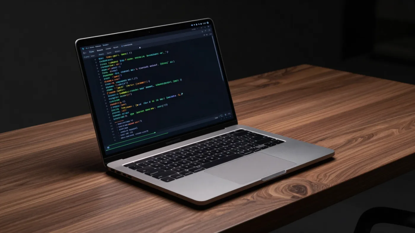 Aufgeklapptes MacBook Pro auf einem dunklen Schreibtisch, mit einem Terminal, das eine laufende Textgenerierung anzeigt